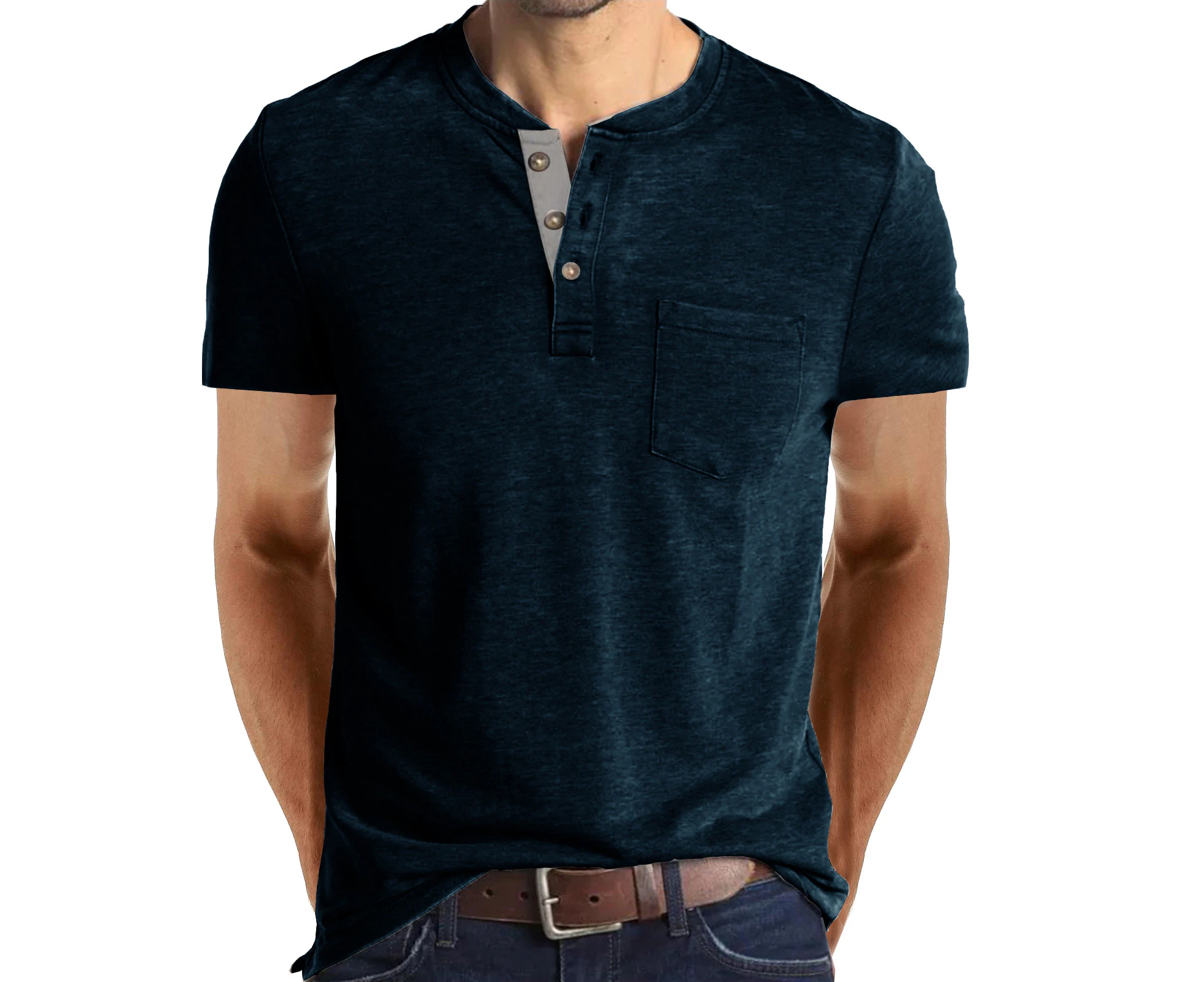 WeMeir Men's Short Sleeve Henley T-shirts Casual Button Down Shirtsfor Men Cotton Tee Tops with Pocket - Navy