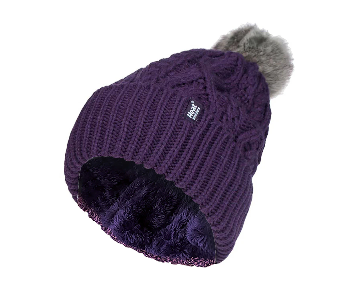 Ladies Ribbed Cuffed Pom Pom Bobble Beanie Hat with Fleece Lining - Purple