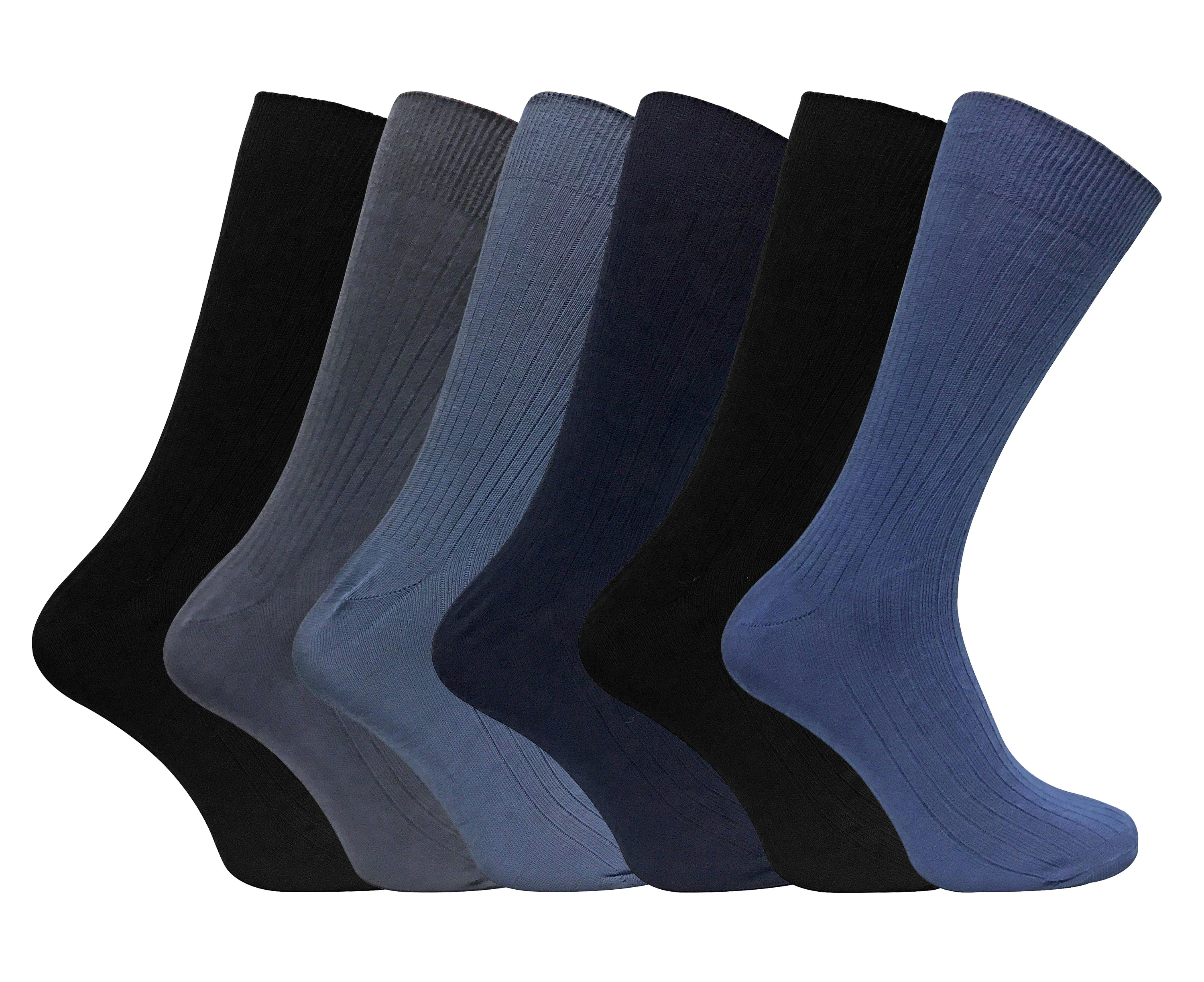 6 Pack Mens Soft 100% Cotton Breathable Coloured Ribbed Dress Socks - Black / Navy / Grey