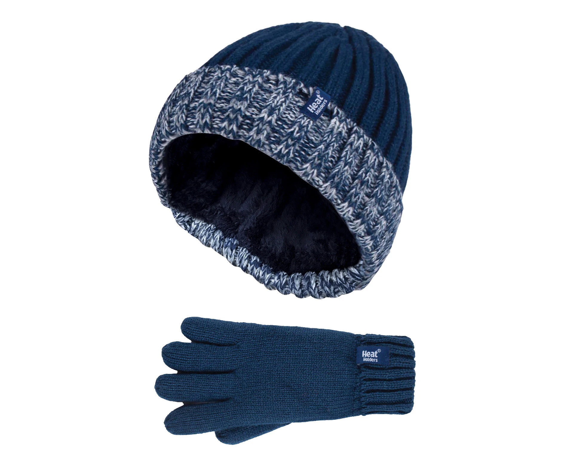 Heat Holders - Children Boys Winter Warm Fleece Lined Insulated Knit Turn Over Cuff Ribbed Hat and Gloves Set (7-10 Years, CG1P8) - NS1P9710