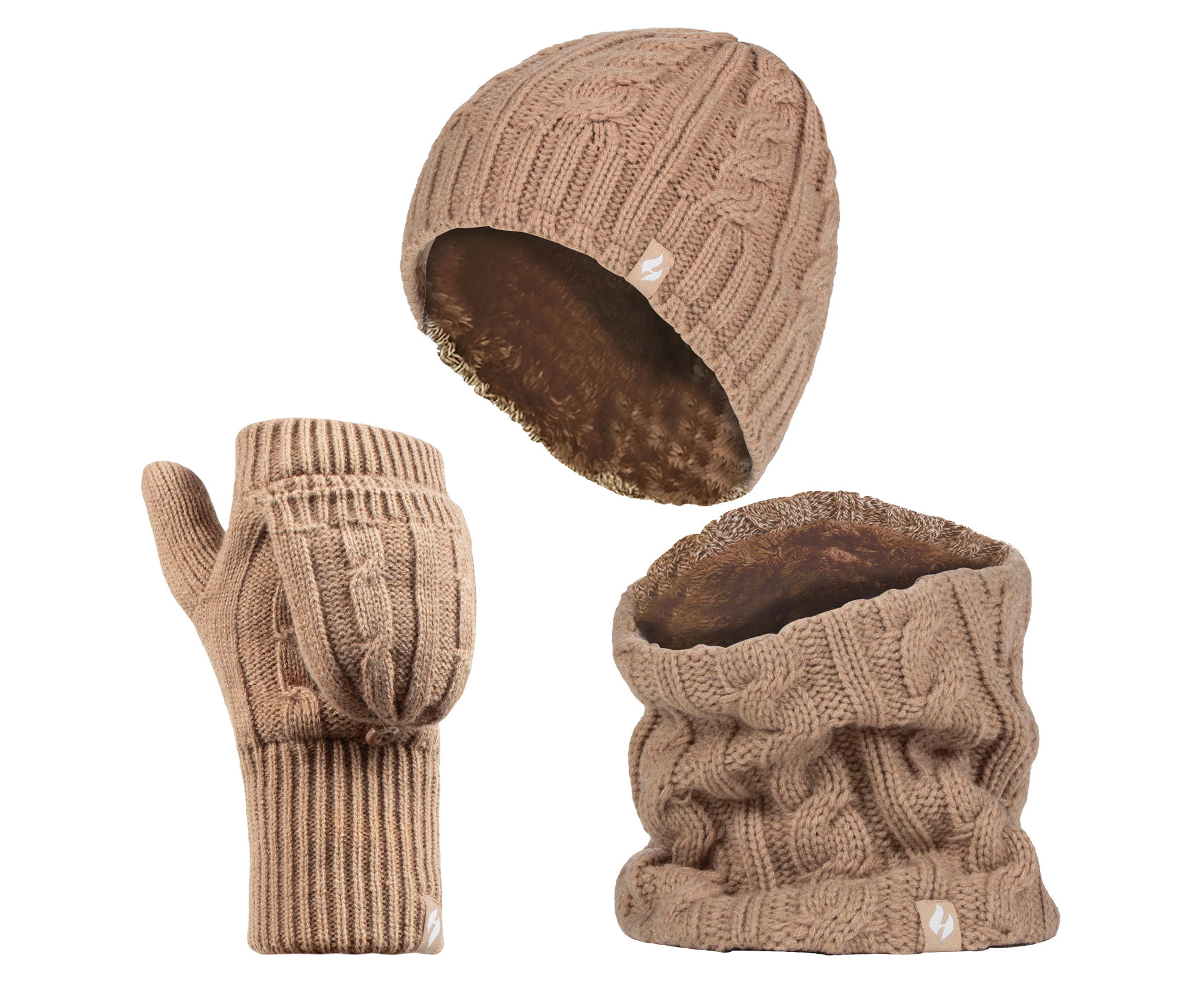 Heat Holders - Womens Thermal Winter Fleece Hat, Neck Warmer and Converter Gloves set - Beige