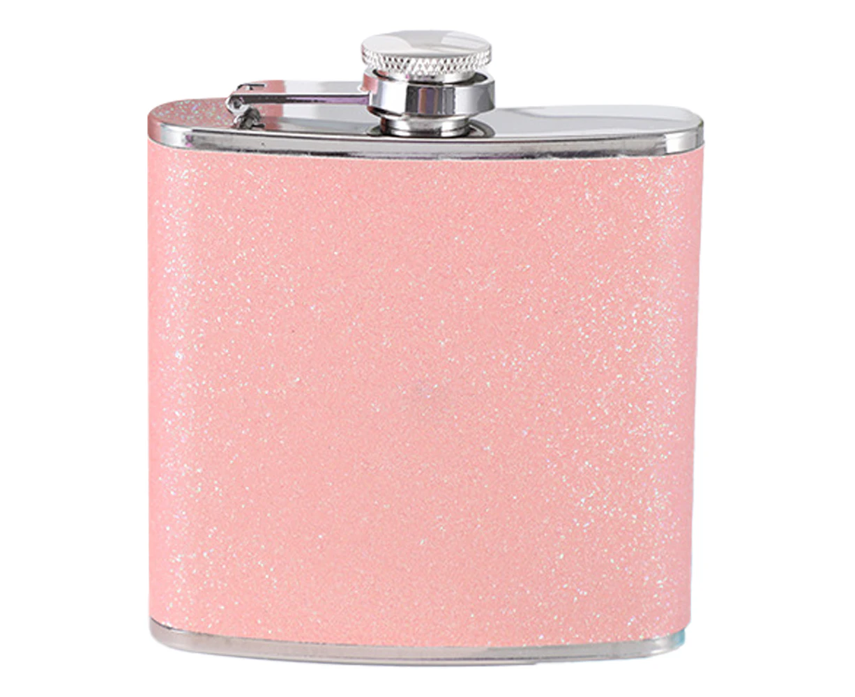 Stainless Steel With Colorful Glitter Hip Flask - Stores 6 Ounces - Pink