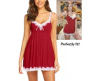 Women Sexy Sleepwear Lace Chemise Nightgown Full Slip Babydoll Sleepwear - Dark Red