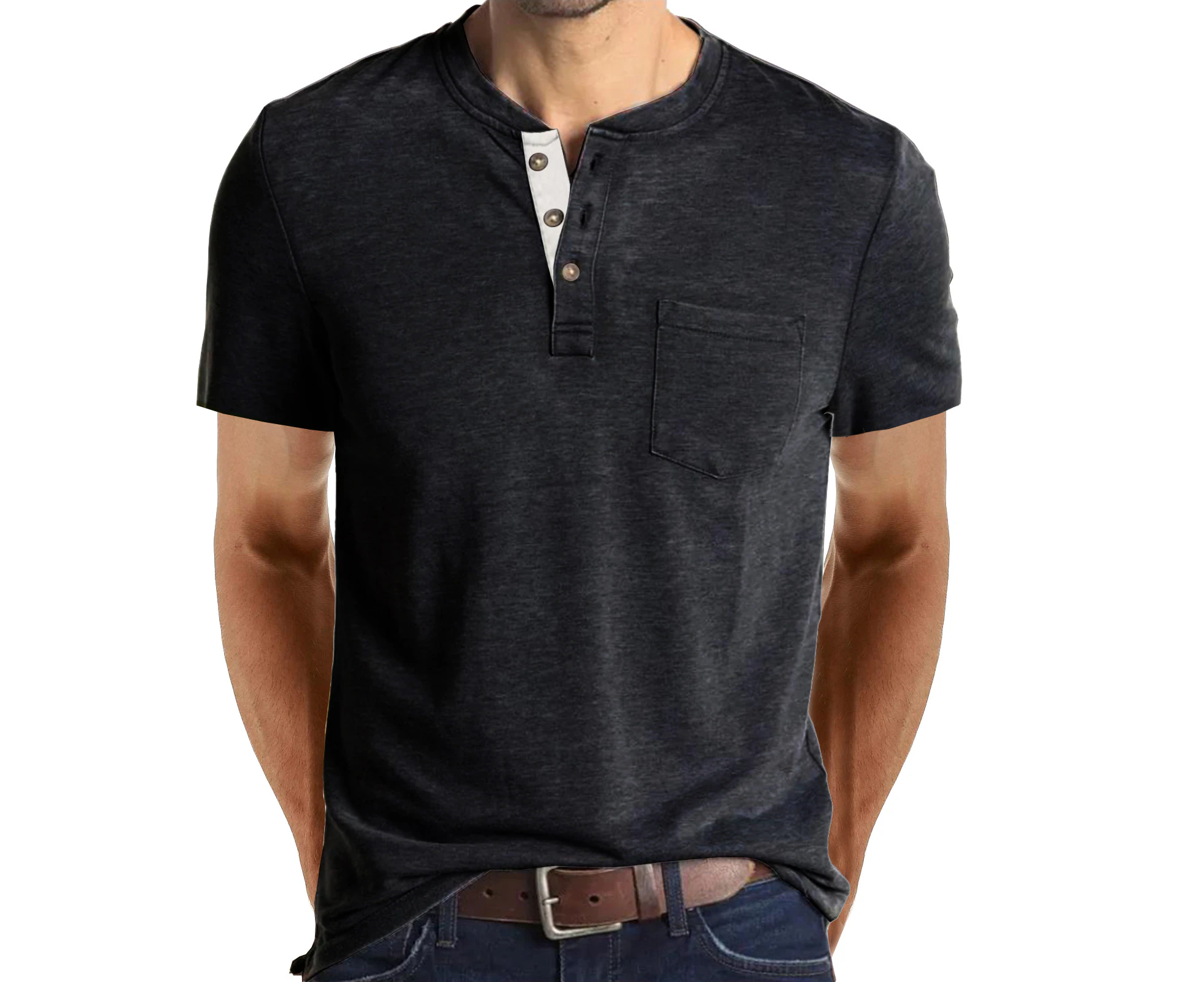 WeMeir Men's Short Sleeve Henley T-shirts Casual Button Down Shirtsfor Men Cotton Tee Tops with Pocket - Dark Grey