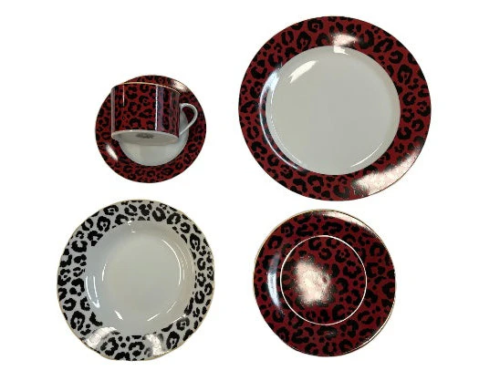 The House of Florence Leopard Edition 20pc Dark Red and Black Dinner Set