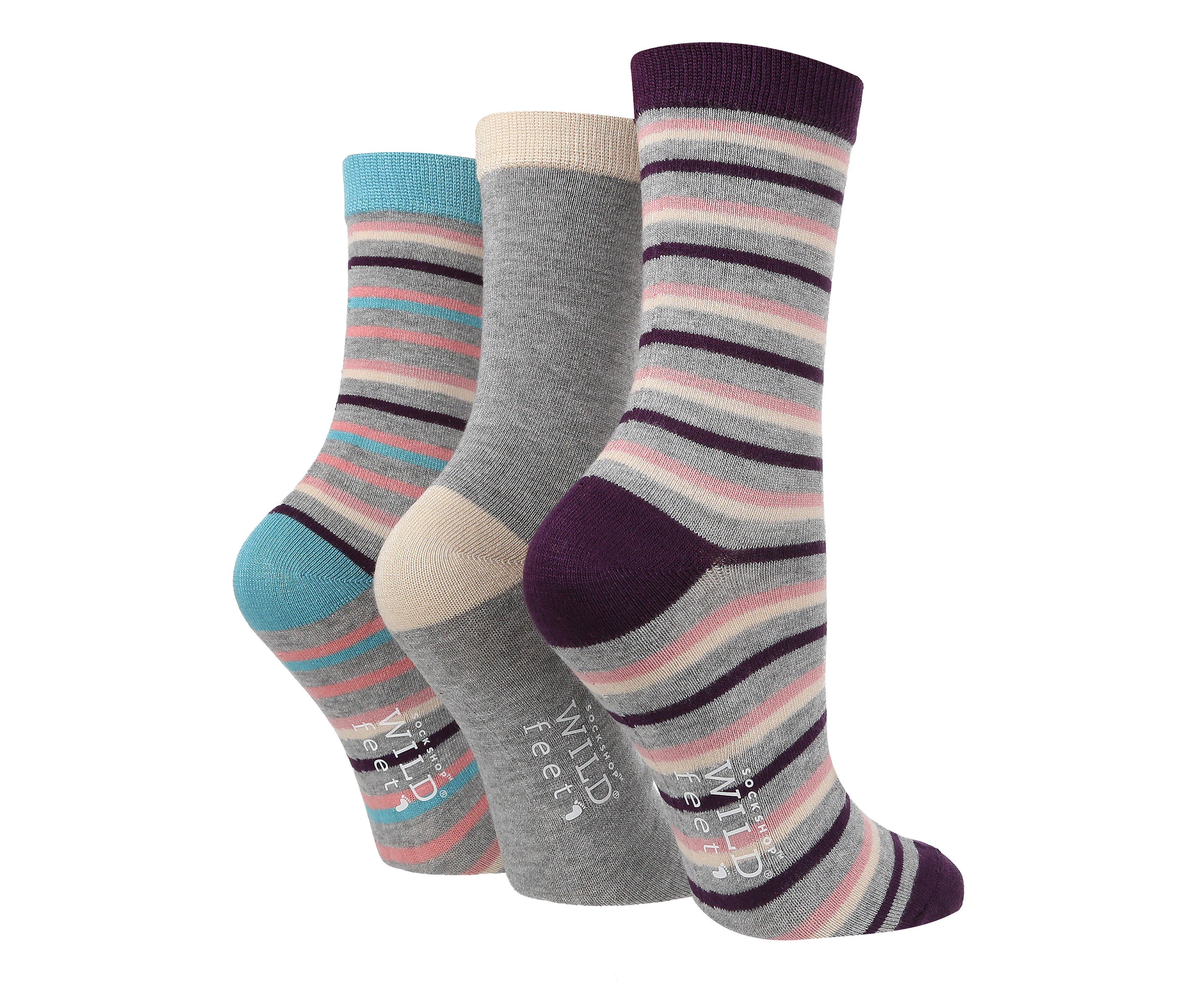 Sock Shop WILDFEET - 3 Pair Womens Patterned Bamboo Socks - Grey / Purple Stripe