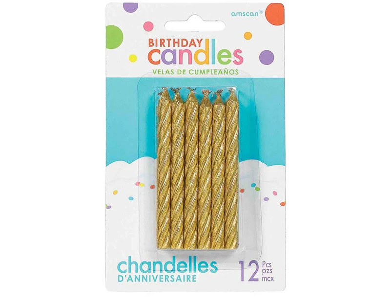 Large Spiral Glitter Gold Birthday Candles 12 Pack