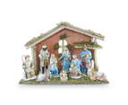 9pc Ceramic Christmas Religious Nativity With Wooden Manger Baby Jesus