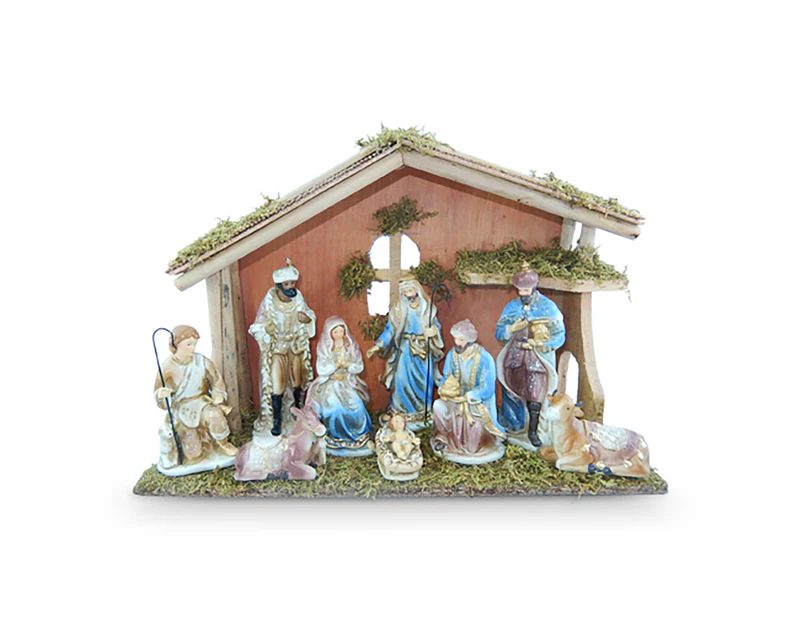 9pc Ceramic Christmas Religious Nativity With Wooden Manger Baby Jesus