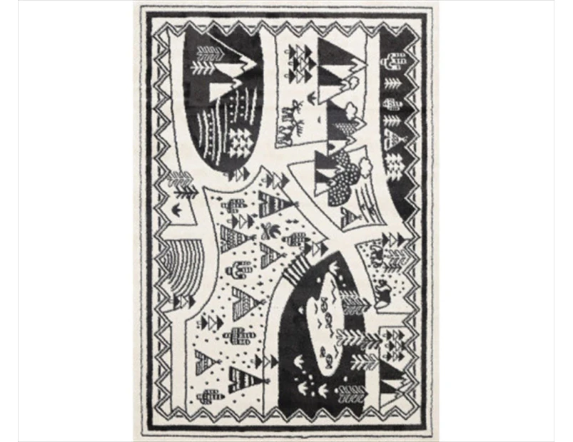 Black White Kids Camping Adventure Area Rug