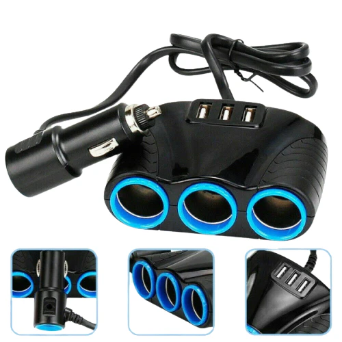 3-Socket (12-24V) Car Cigarette Lighter Splitter and (3-Port) USB Charger