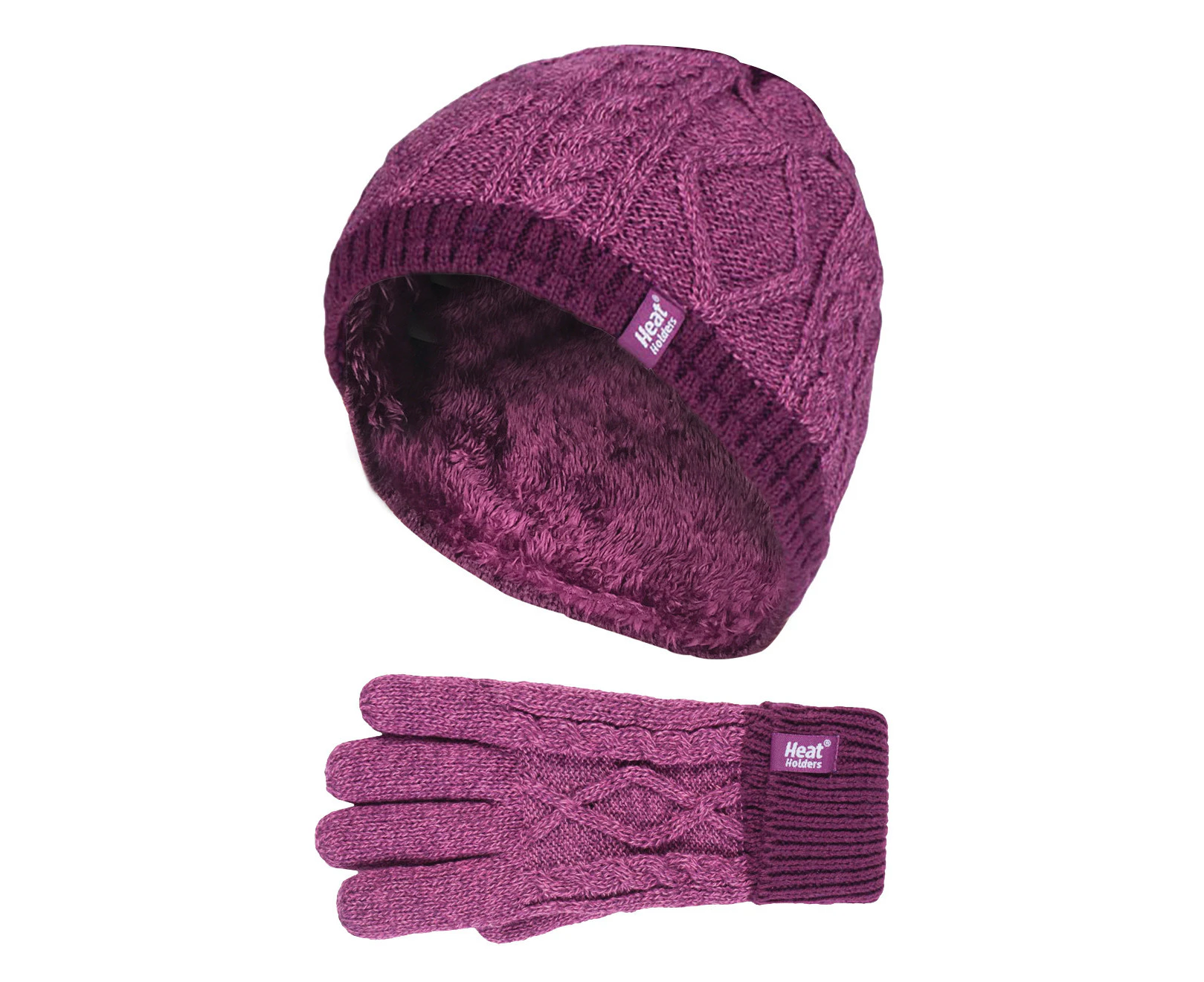 Heat Holders - Kids Girls Cute Cable Knitted Warm Fleece Lined Pompom Winter Hat and Gloves Set with Bobble (7-10 Years, NP2P13) - PP1P13