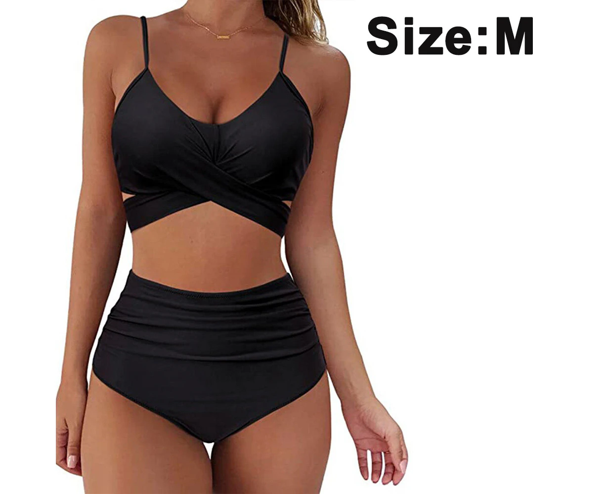 Women's High Waisted Bandage Bikini Set Wrap Two Piece Push Up Swimsuits Cross Pattern Women's Swimwear - Black