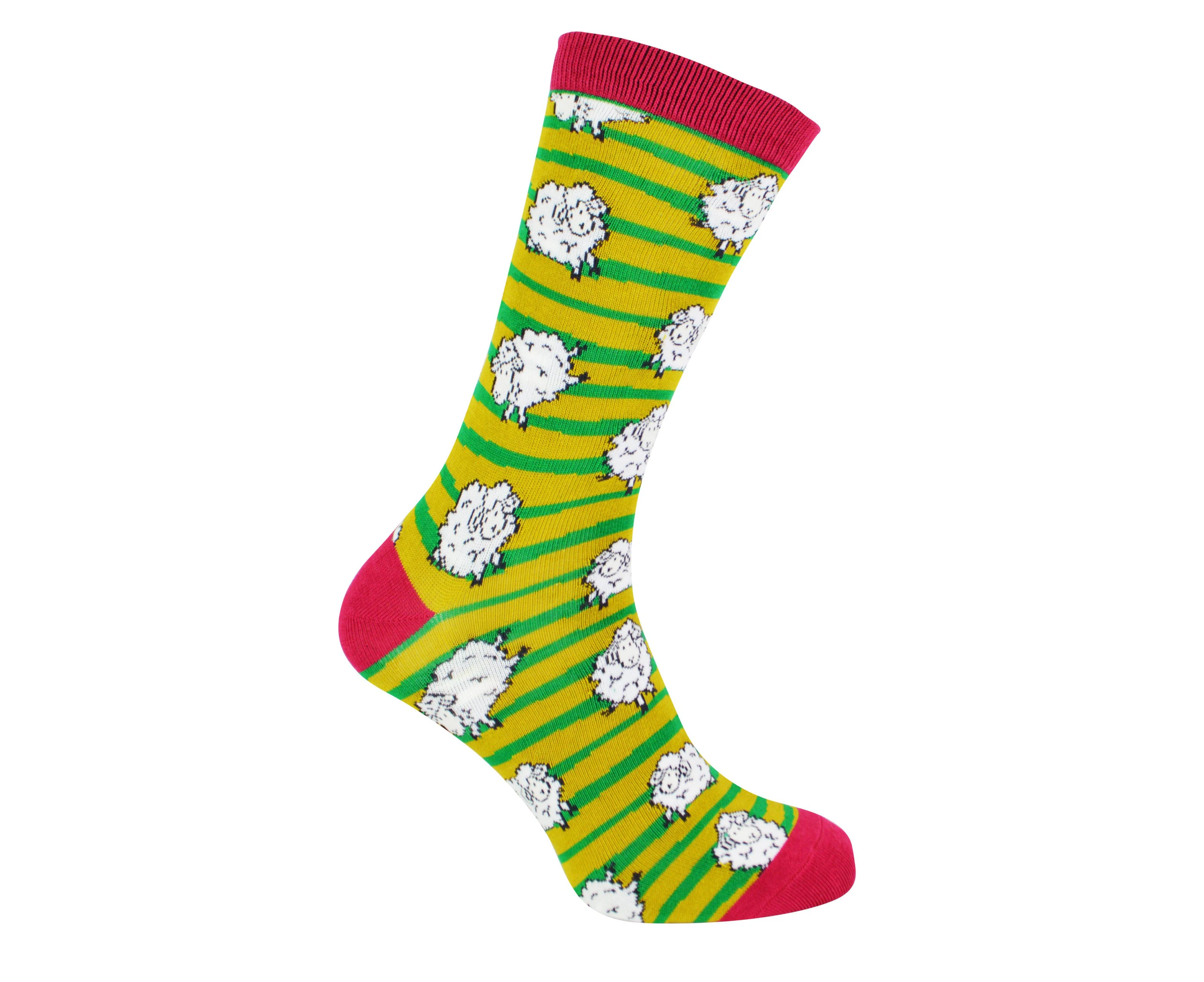 MR HERON - Mens Animal Patterned Design Soft Bamboo Novelty Socks - Sheep (Green)