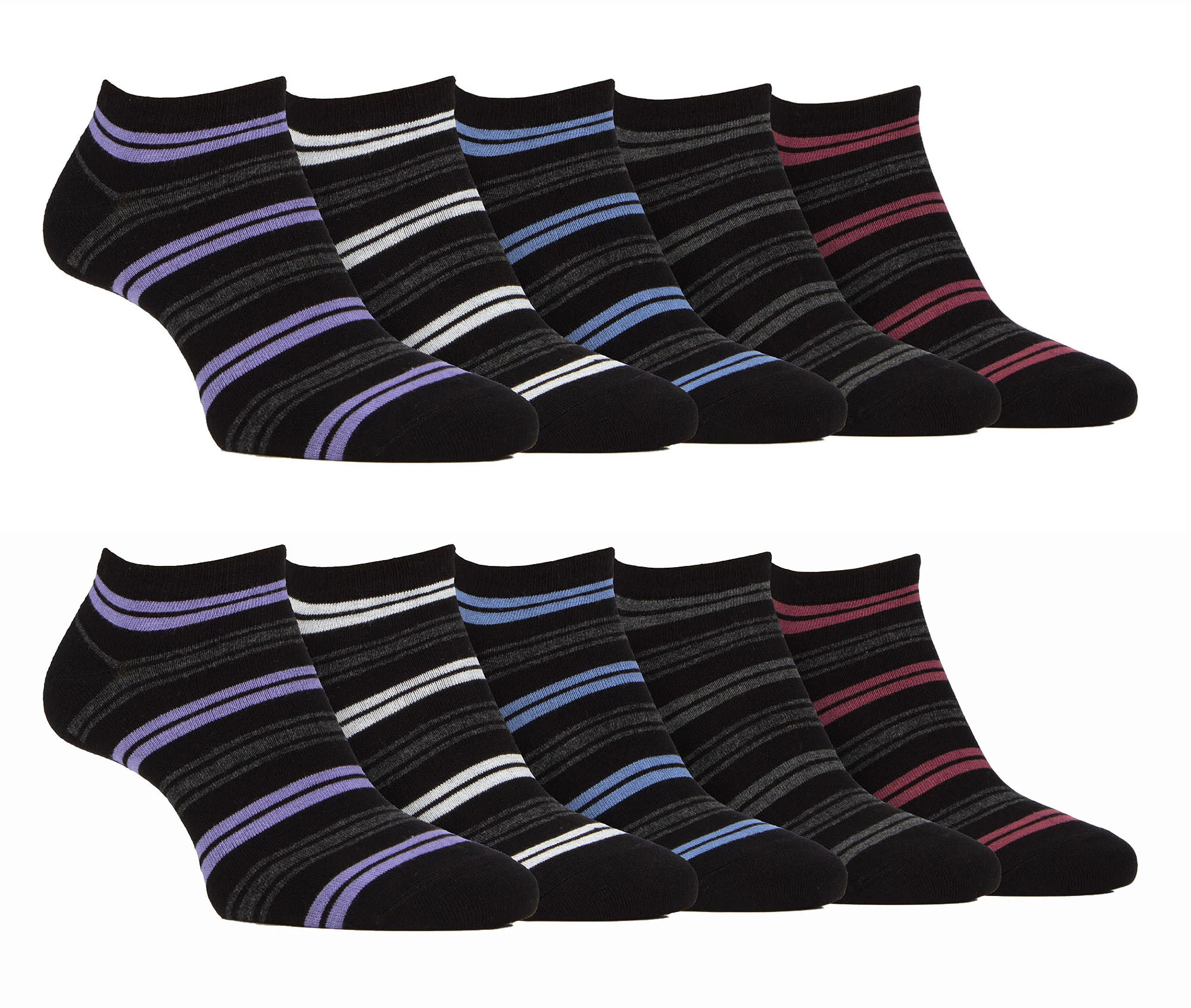 10 Pairs Mens Bamboo Trainer Socks | Farah | Striped Cushioned Ankle Socks (6-11, Black Stripe) - Black Stripe