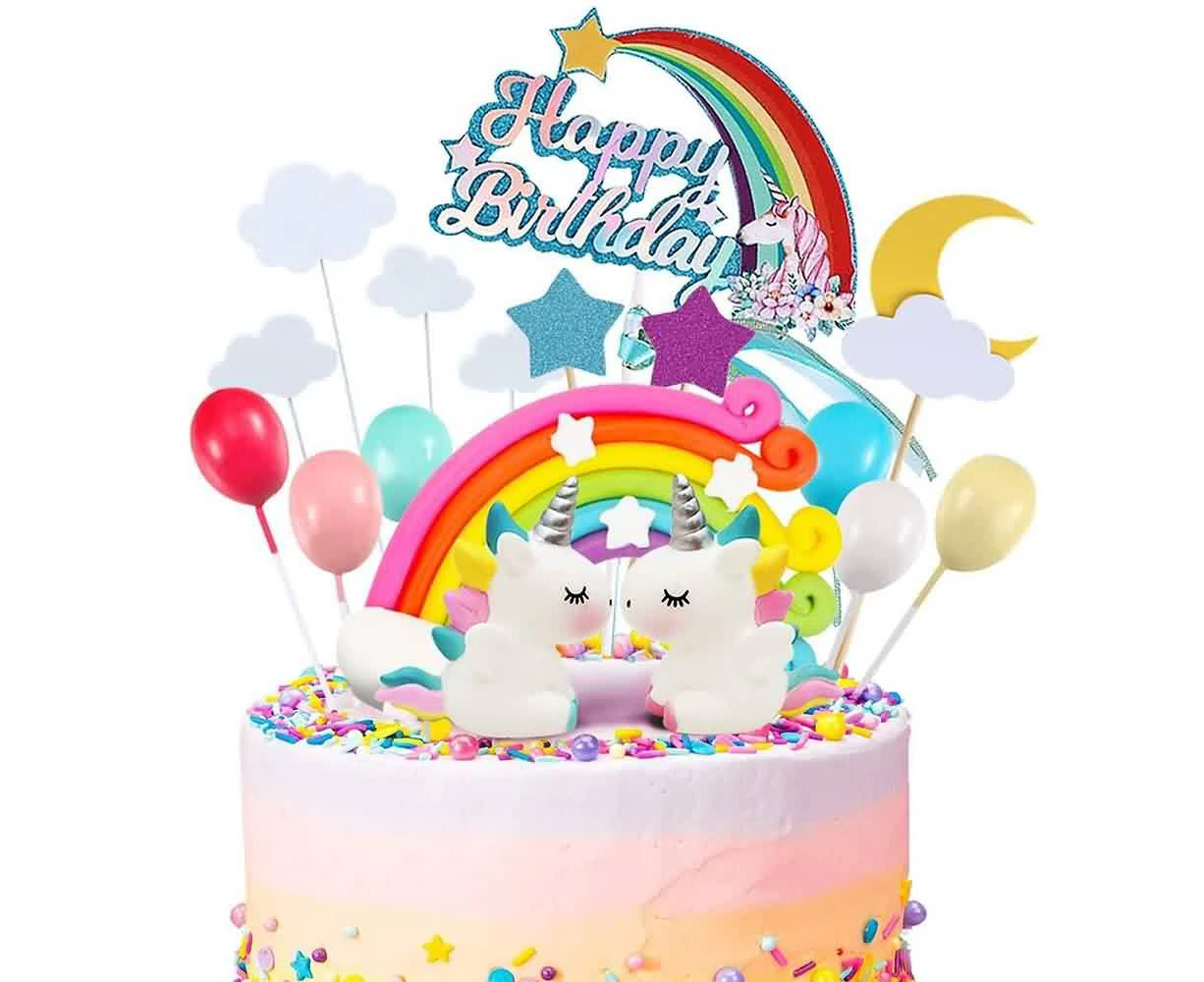 21Pcs Unicorn Cake Topper Kit Cloud Rainbow Happy Birthday Banner Decoration