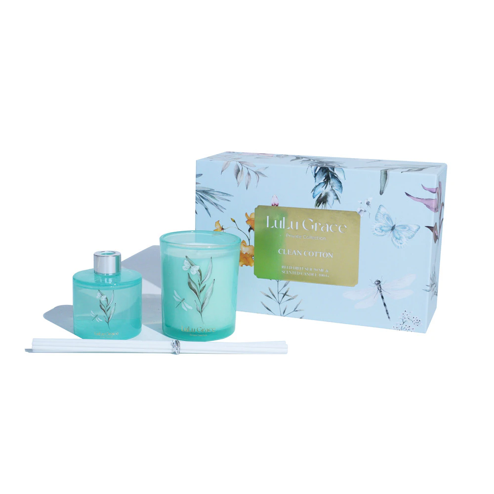 Lulu Grace Clean Cotton Gift Set 50ml Glass Diffuser and 100gm Candle