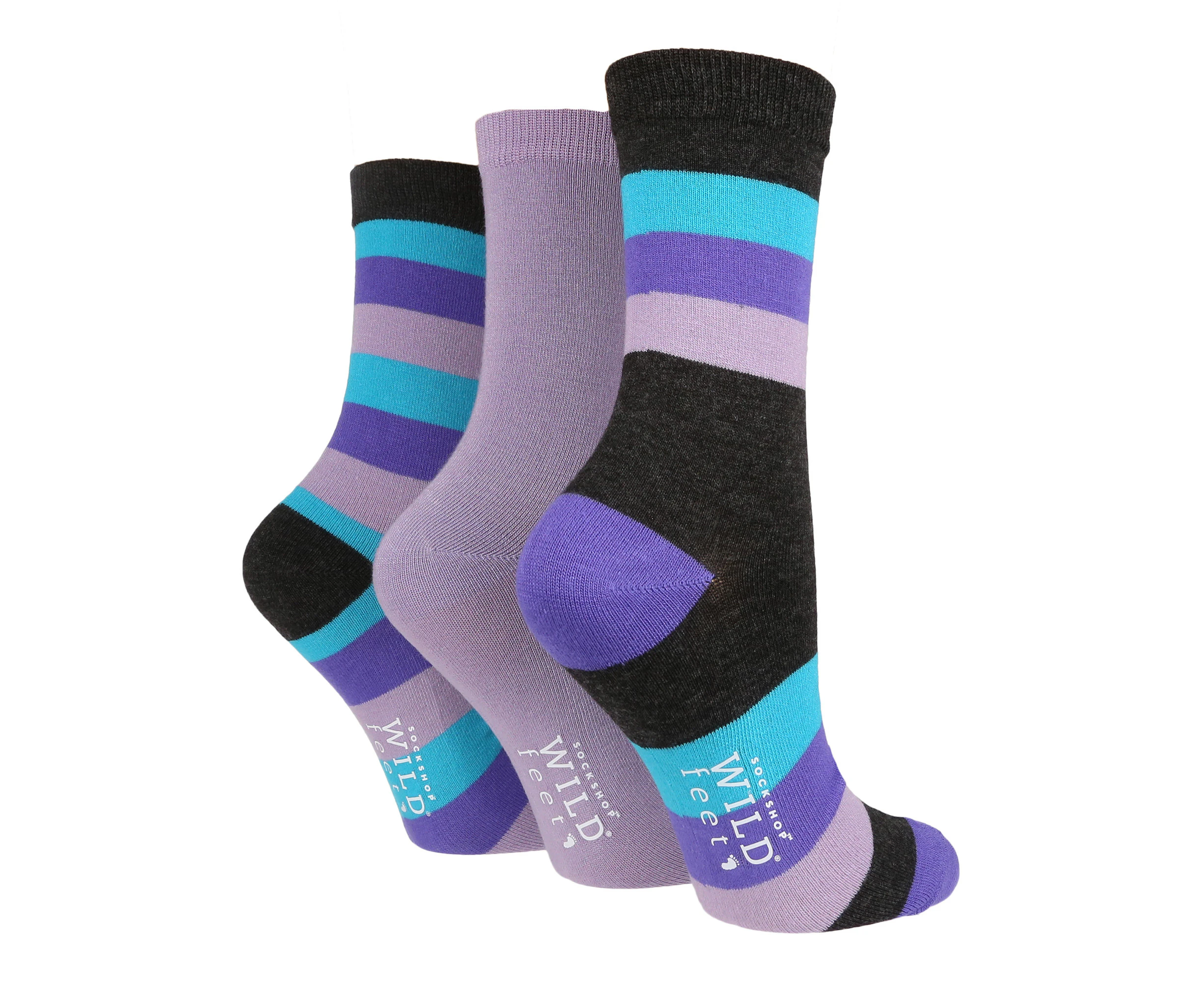 Sock Shop WILDFEET - 3 Pair Womens Patterned Bamboo Socks - Purple / Blue Stripe