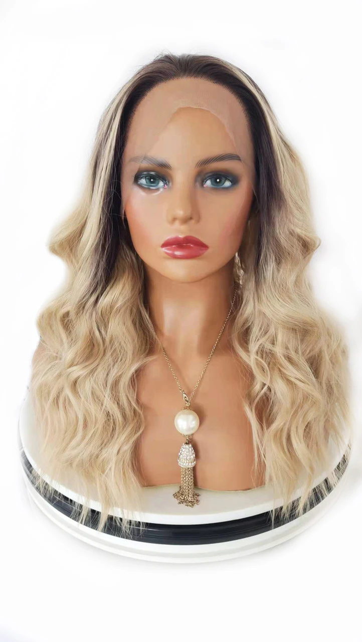 BELLE - Lacefront Ombre Mid Blonde Waves with Dark Roots - by Queenie Wigs