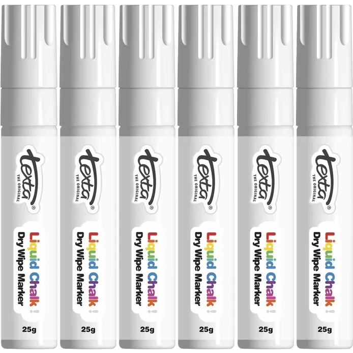 Texta Jumbo Liquid Chalk Markers Dry Wipe Chisel Tip 15mm White 6 Pack