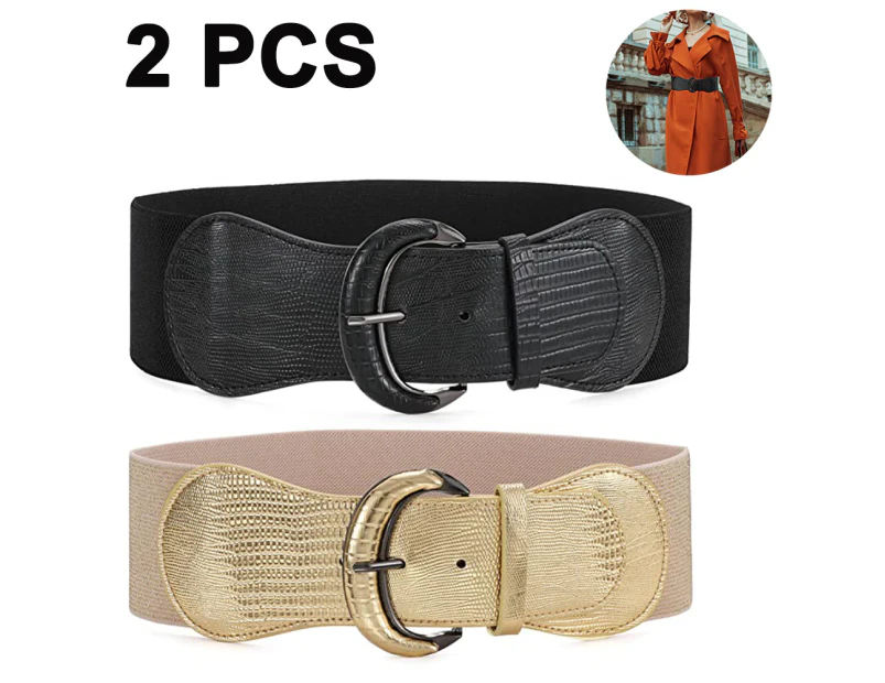 2 pcs Women Stretchy Wide Waist Belt for Dress Ladies Elastic Belt Hook Buckle - Black+gold