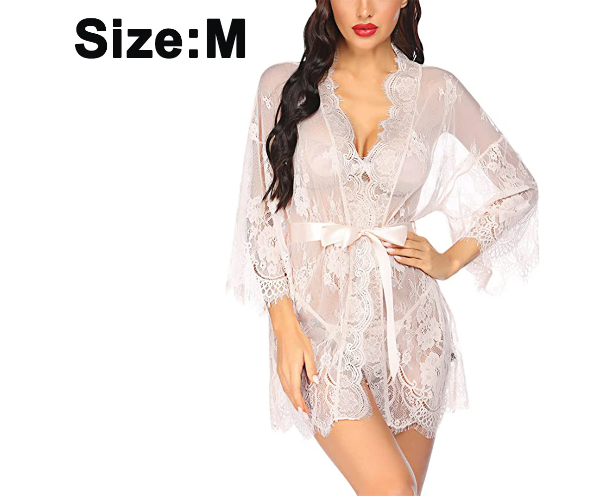 Women's Lingerie Lace Kimono Sexy Dress Wide Sleeves Sexy Lingerie Set Negligee Underwear Outfit Transparent Cover Up Dressing Gown with Satin Belt - White