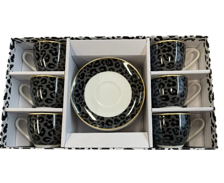 The House of Florence Leopard Edition 80ml Set of 12 Cool Gray and Black Espresso Cup & Saucer Set