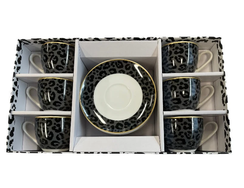 The House of Florence Leopard Edition 80ml Set of 12 Cool Gray and Black Espresso Cup & Saucer Set