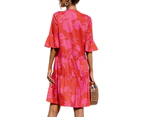 Women's Elegant V-Neck Casual Bell Sleeve Dress - Floral Rose Red