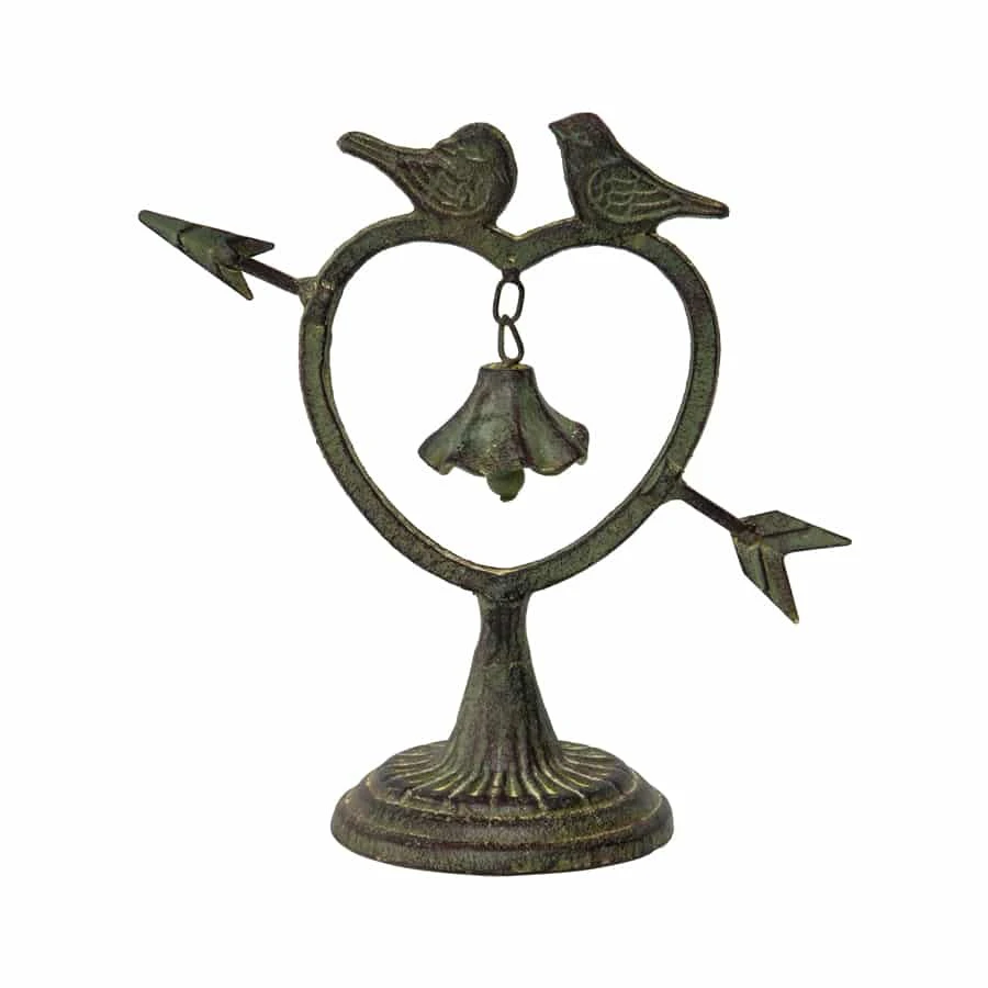 Cast Iron Heart Ornament With Birds And Bell Verdigris