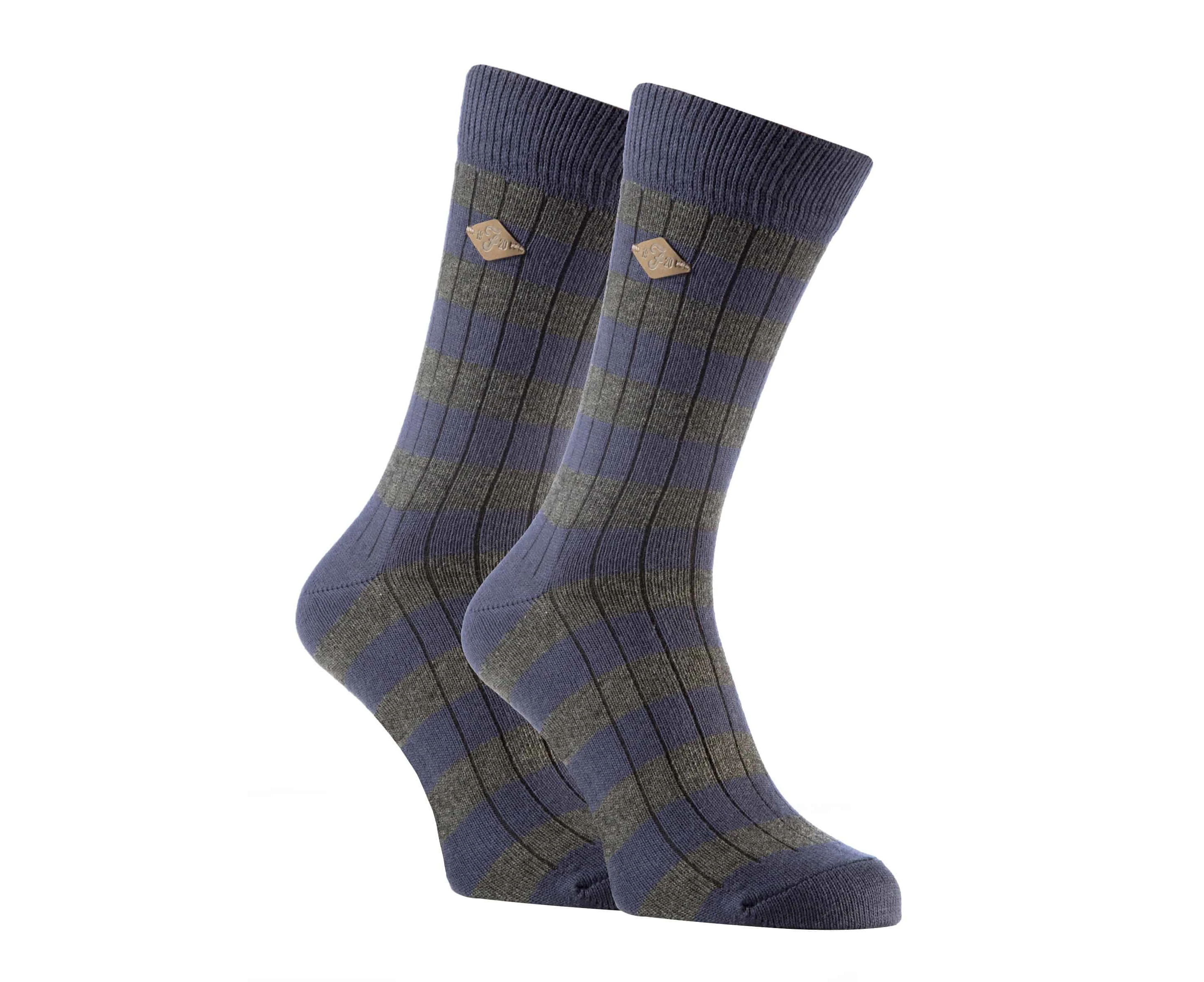 2 Pairs Mens Cotton Patterned Striped Ribbed Boot Socks Size - Blue / Blue