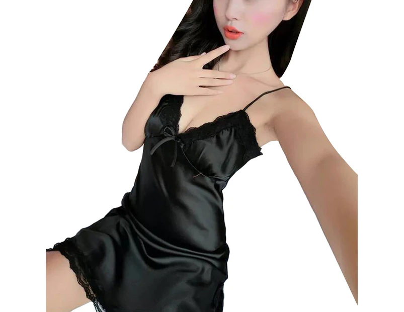 graceful Women Solid Color Deep V Lace Trim Silk Robe Dress Babydoll Mini Nightdress-Black