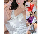 graceful Women Solid Color Deep V Lace Trim Silk Robe Dress Babydoll Mini Nightdress-Black