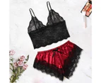 Sleepwear Set Charming Elastic Solid Color Women Camisole Shorts Lace Sleepwear Set for Honeymoon Valentine Romantic Moment-Red