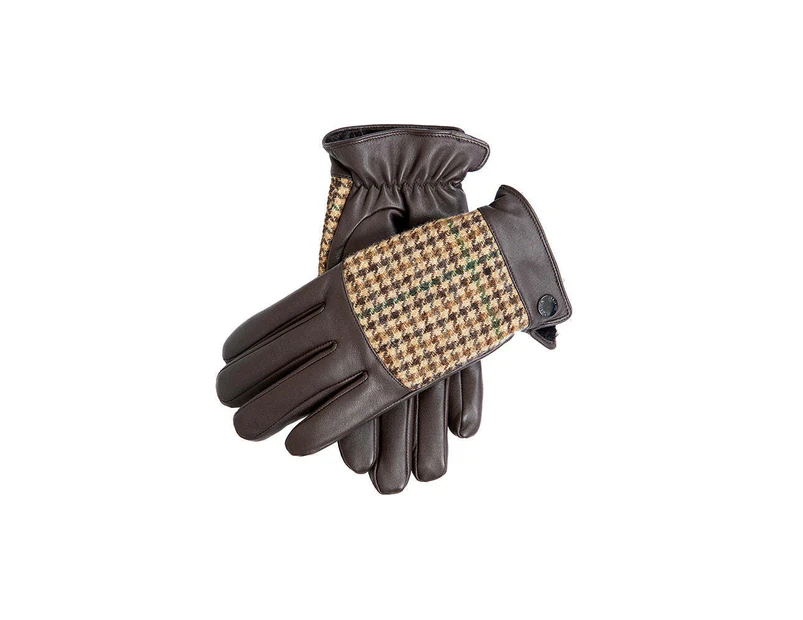 Dents Mens Faux Fur Lined Abraham Moon Dogtooth & Leather Gloves - Brown