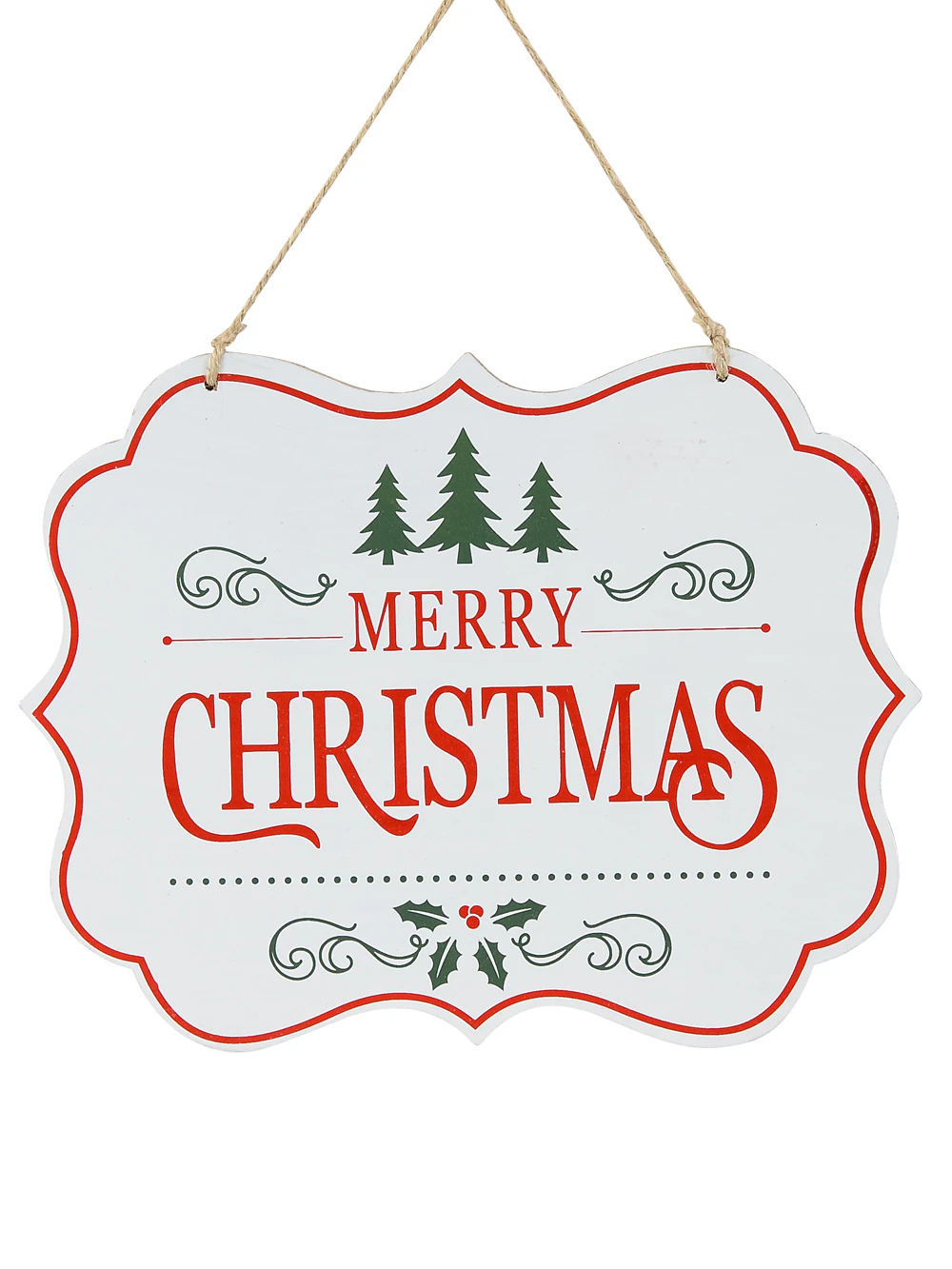 White Merry Christmas Hanging Sign Plaque With Red & Green Print - 24cm