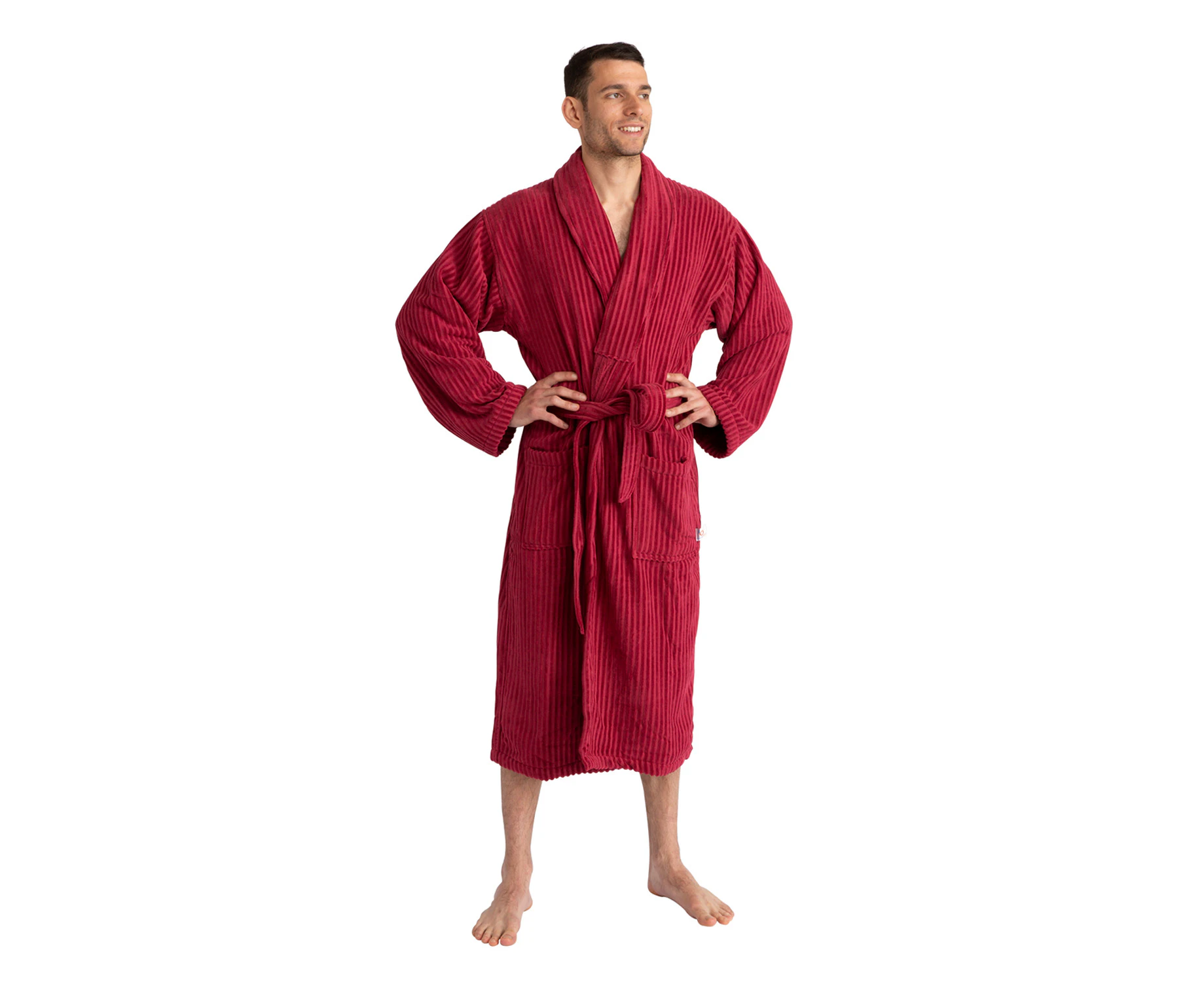 Ribbed Velour Terry Bathrobe / Dressing Gown - Burgundy