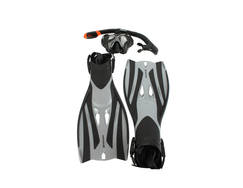 4pc Oz Ocean Rotto Adults Swimming Goggles Mask/Snorkel/Fin Set L-XL Grey/Black