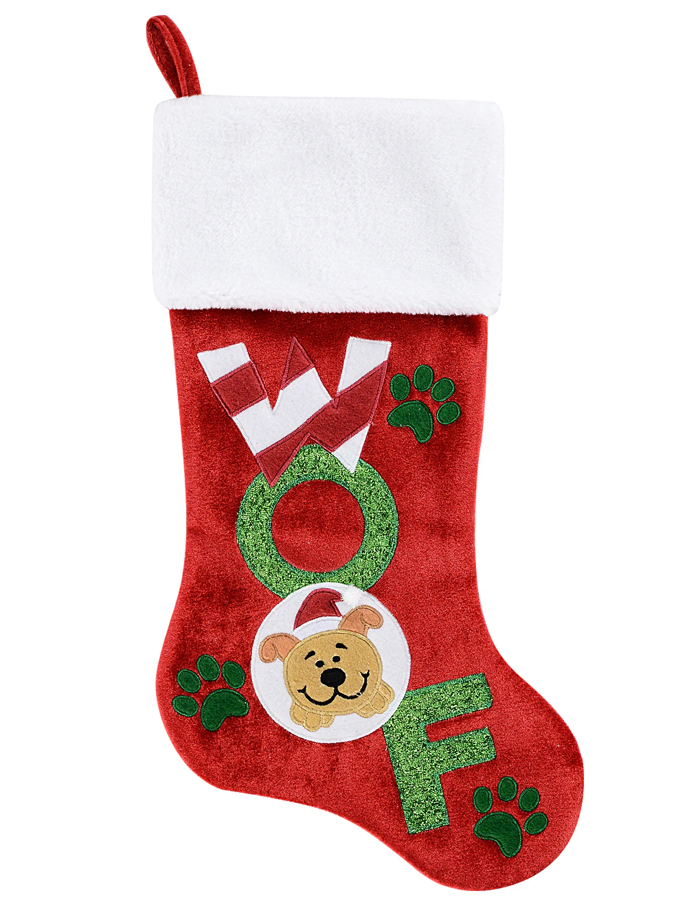 Red Velvet WOOF, Paws & Puppy Embroidered Christmas Stocking - 48cm