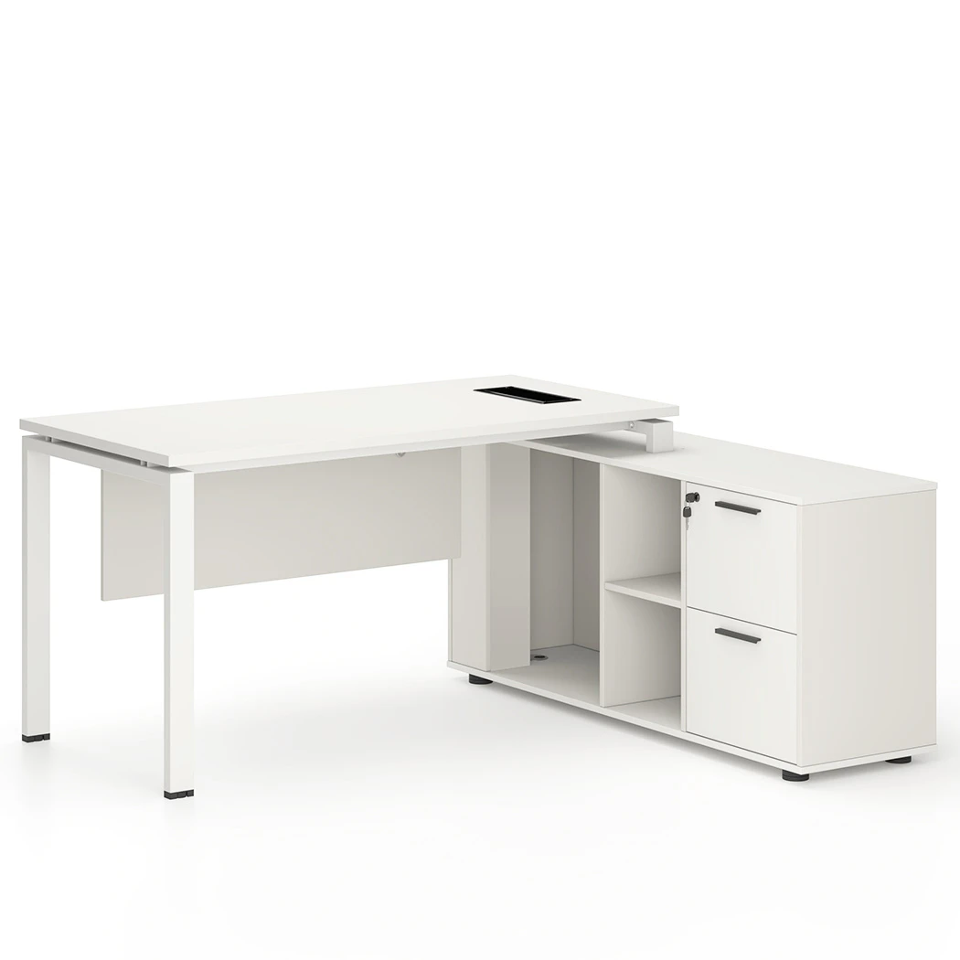 160cm L-Shaped Executive Office Desk Workstation Table Cabinet Shelves Storage White