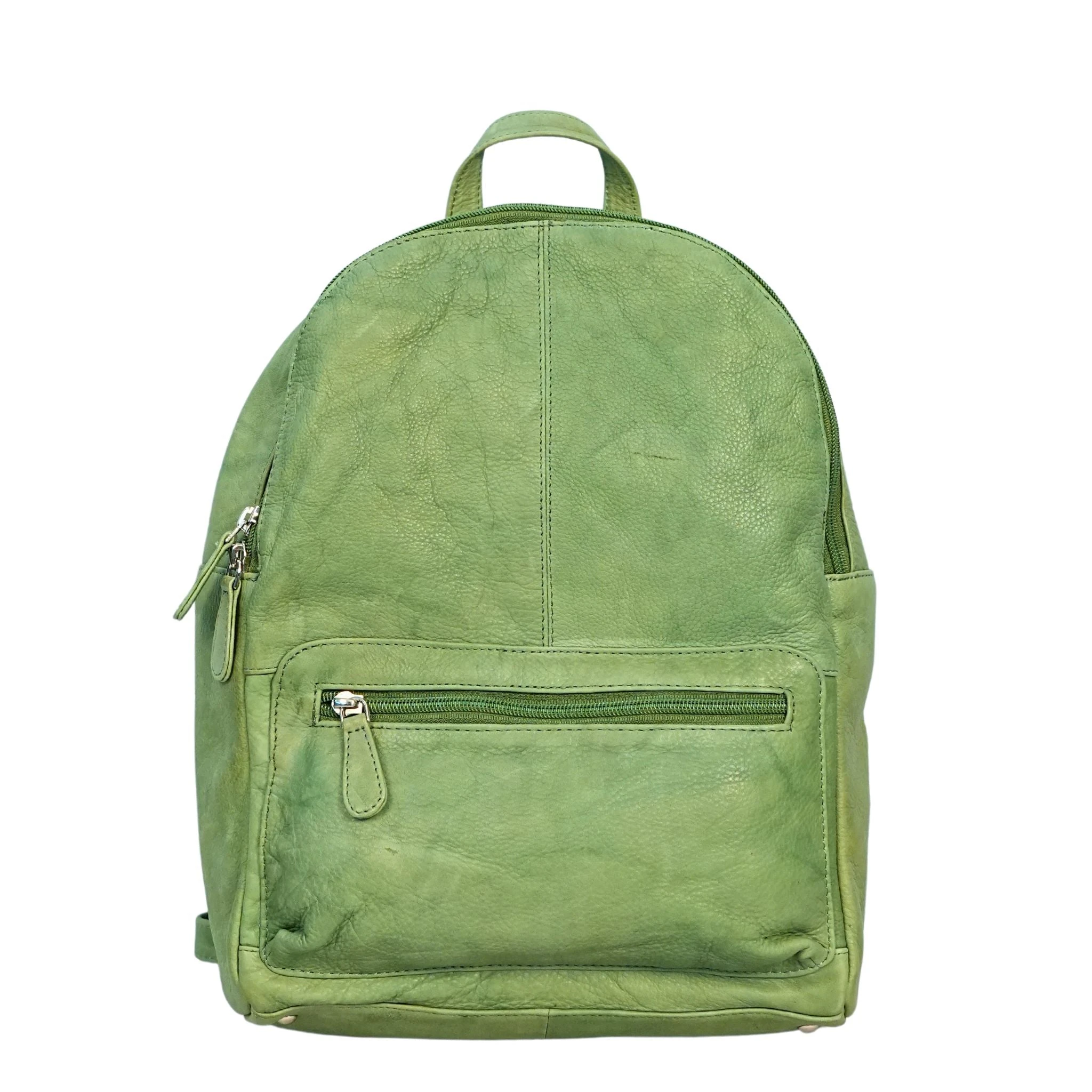 Sleek Zippered Leather Backpack - Green