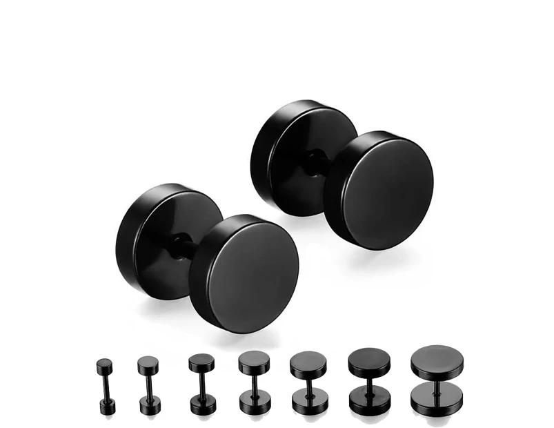 Pair Black Flat Round Barbell Plug Stud Earrings 316 Stainless Steel Mens Unisex