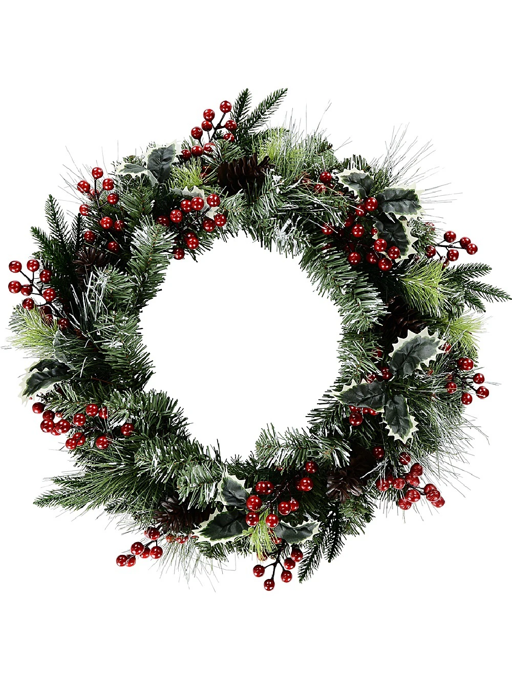 Pine & Fir Tips Christmas Wreath With Holly Leaves, Berries & Pine Cones - 58cm