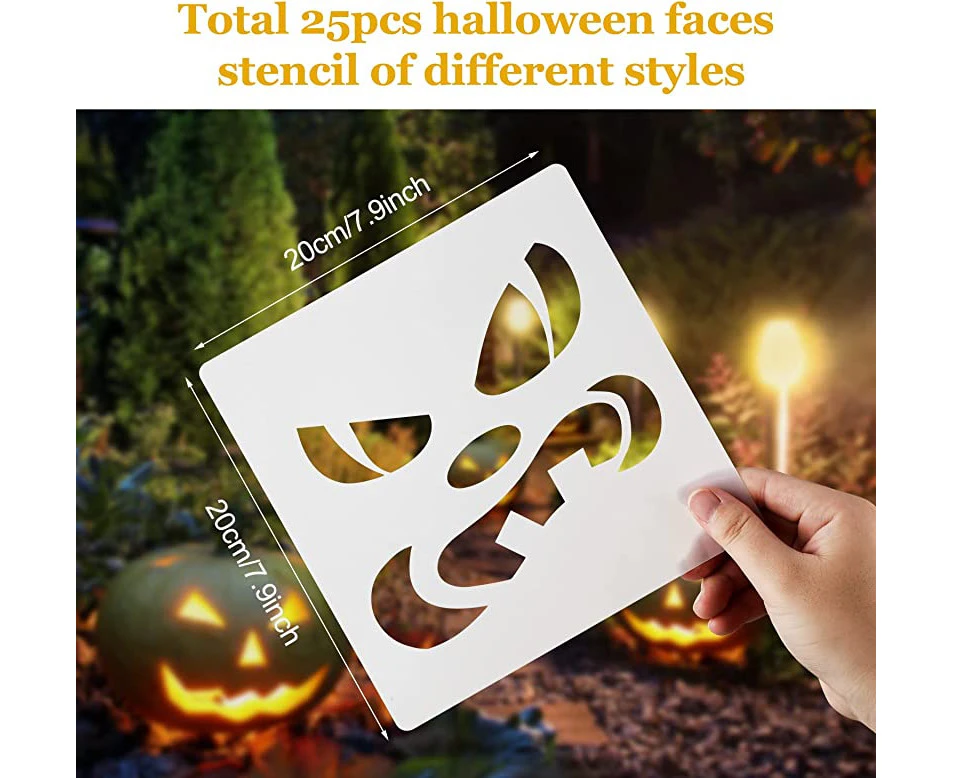 (Yellow) - 25 Pieces Reusable Halloween Drawing Pumpkin Face Stencils Plastic Halloween Theme Stencils Halloween Decorative Painting Template for DIY Paint