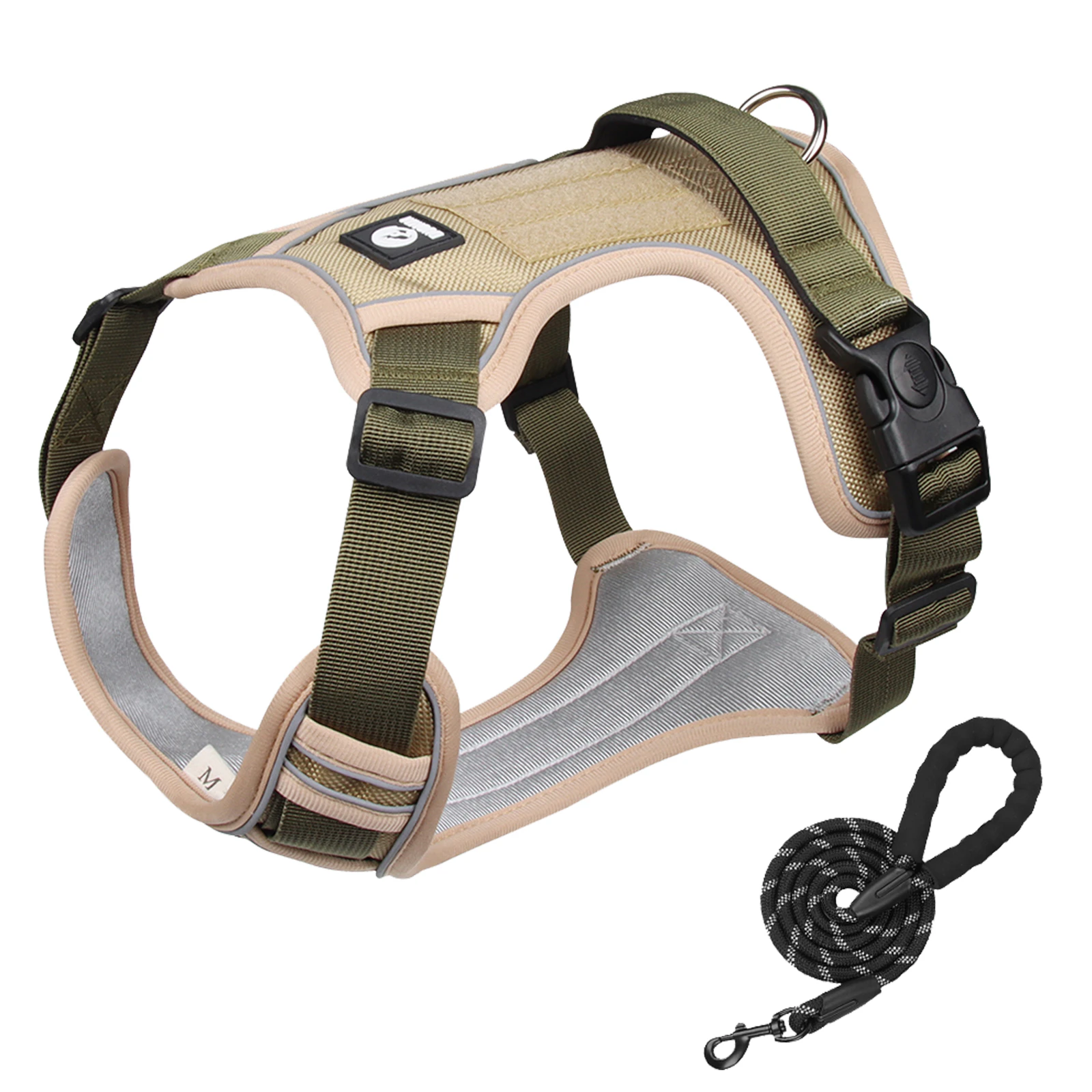 Furbulous Tactical Dog Harness Adjustable No Pull Pet Harness Reflective Working Training Dog Harness with 1.5m Lead - Khaki XL