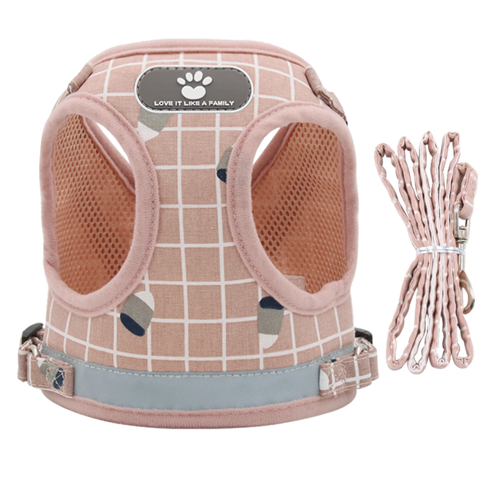 Furbulous No Pull Cat Small Dog Harness and Lead Set Adjustable Reflective Step-in Vest Harnesses Mesh Padded Plaid Escape Proof Puppy Jacket - Pink Medium