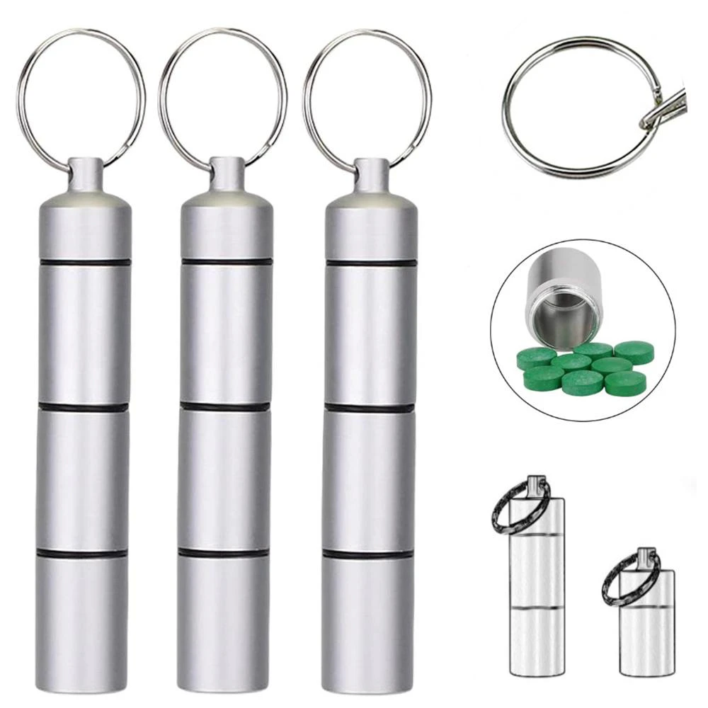 3PCS Portable Pill Case Keychain,3 Compartment Aluminum Alloy BPA Free Waterproof Sealed Pill Boxes and Stackable Organizer Daily Pill Container