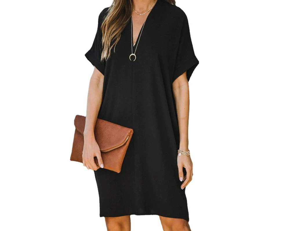 Women's Short Sleeve V-Neck Loose Dress - Black