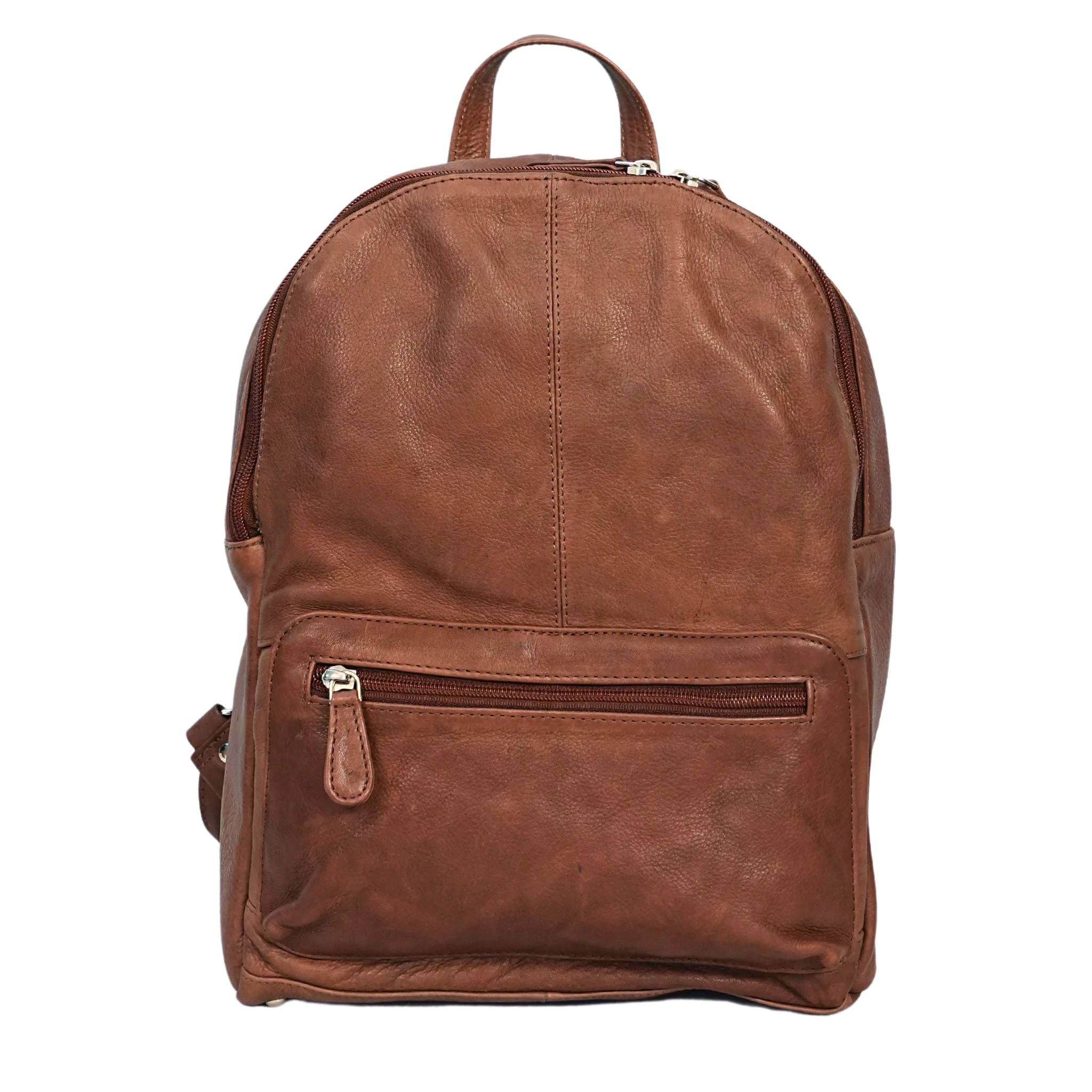 Sleek Zippered Leather Backpack - Brown