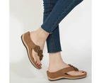 Flower Round Toe Wedge Open Toe Anti-slip Sandals Flip Flops Footwear for Daily Life-Brown - Brown